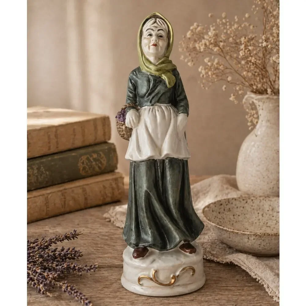 Vintage Porcelain Grandmother Woman Figurine Basket Folk Art Decor Hand Painted